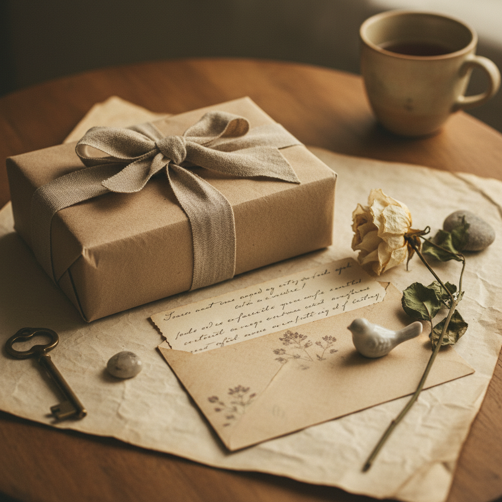 Sobre regalo con carta, postal y objetos coleccionables de El Árbol