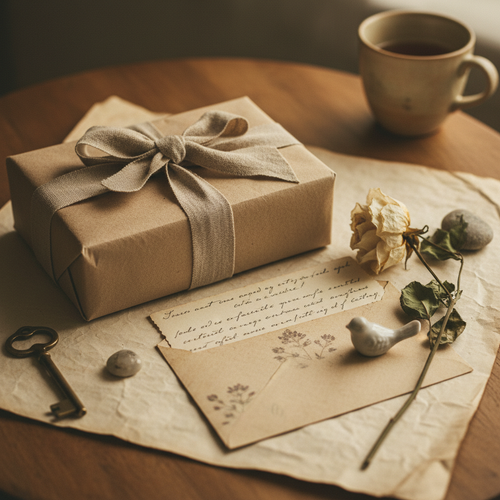Sobre regalo con carta, postal y objetos coleccionables de El Árbol