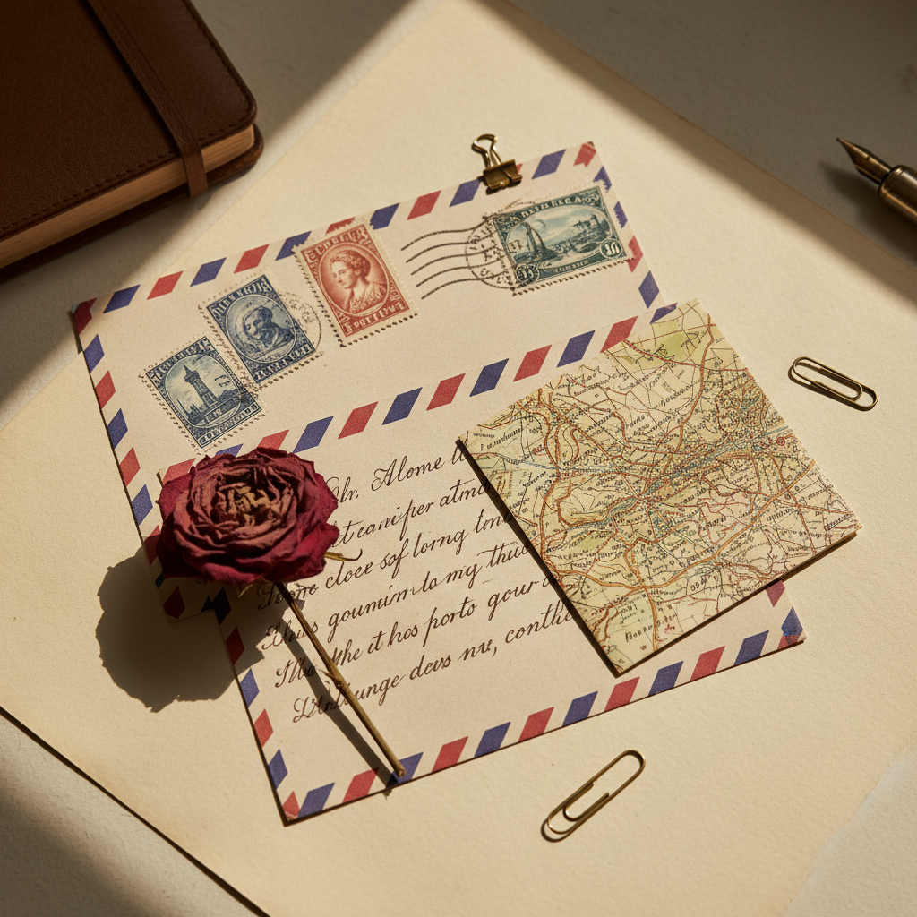 Sobre de correo aéreo con cartas, sellos vintage y objetos coleccionables de El Árbol